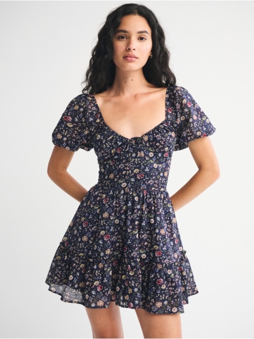 NWT Abercrombie & Fitch
Puff Sleeve Tie-Front Mini Dress Navy Floral